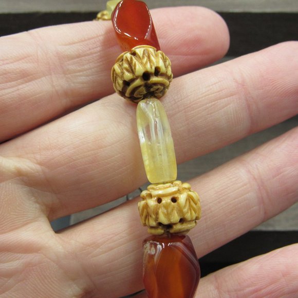 8" Sterling Silver Carved Wood & Rough Citrine Stone Bracelet Vintage - Picture 2 of 5